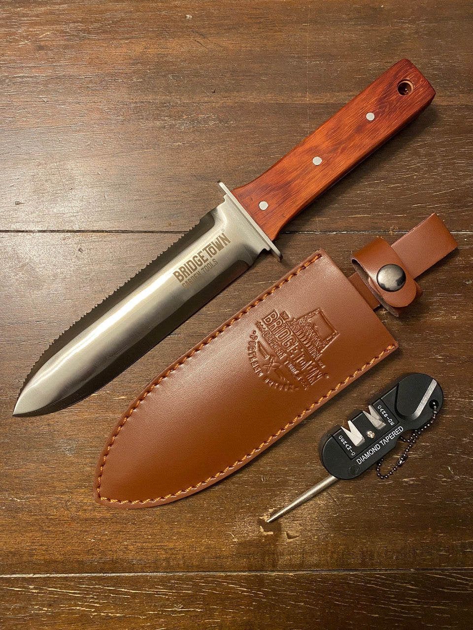 Rosewood Handle Stainless Hori Hori Gardening Knife With Leather Sheath & Sharpener