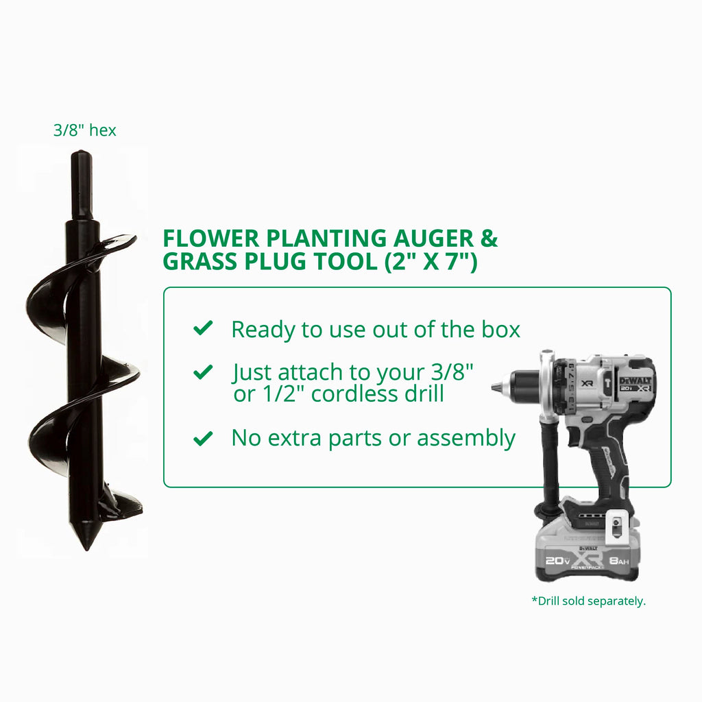 Flower Planting Auger & Grass Plug Tool (2" x 7") By Power Planter Augers, USA Made!