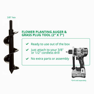 Flower Planting Auger & Grass Plug Tool (2" x 7") By Power Planter Augers, USA Made!