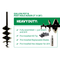 Gallon Pot & Post Hole Auger (7" x 28") By Power Planter Augers, USA Made