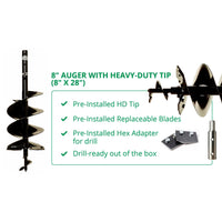 8 Inch Auger with Heavy-Duty Tip (8" x 28") By Power Planter Augers, USA Made!