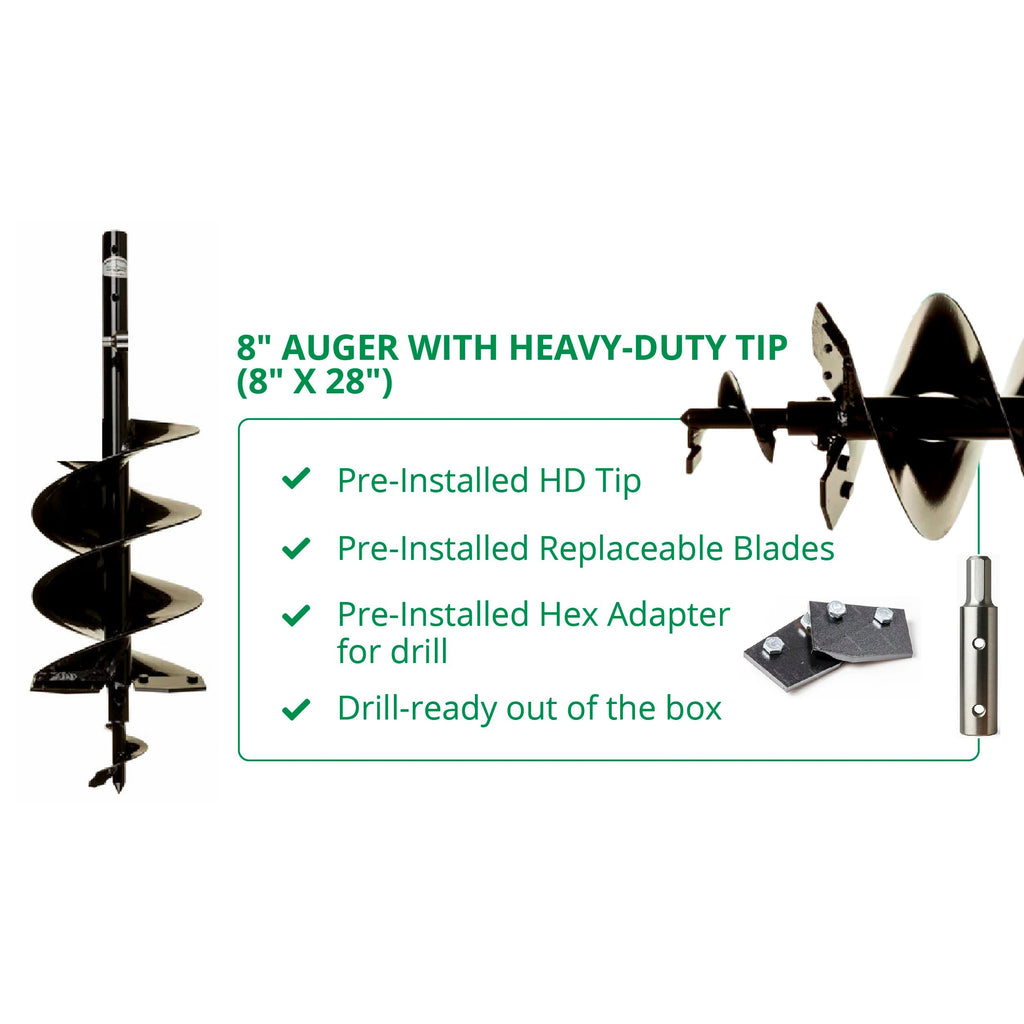 8 Inch Auger with Heavy-Duty Tip (8" x 28") By Power Planter Augers, USA Made!