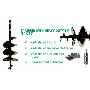 8 Inch Auger with Heavy-Duty Tip (8" x 28") By Power Planter Augers, USA Made!