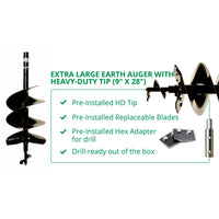Extra Large Earth Auger with Heavy-Duty Tip (9" x 28") By Power Planter Augers, USA Made