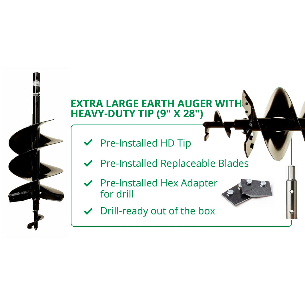 Extra Large Earth Auger with Heavy-Duty Tip (9" x 28") By Power Planter Augers, USA Made