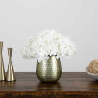11” Artificial Hydrangea Arrangement in Gold Metal Vase