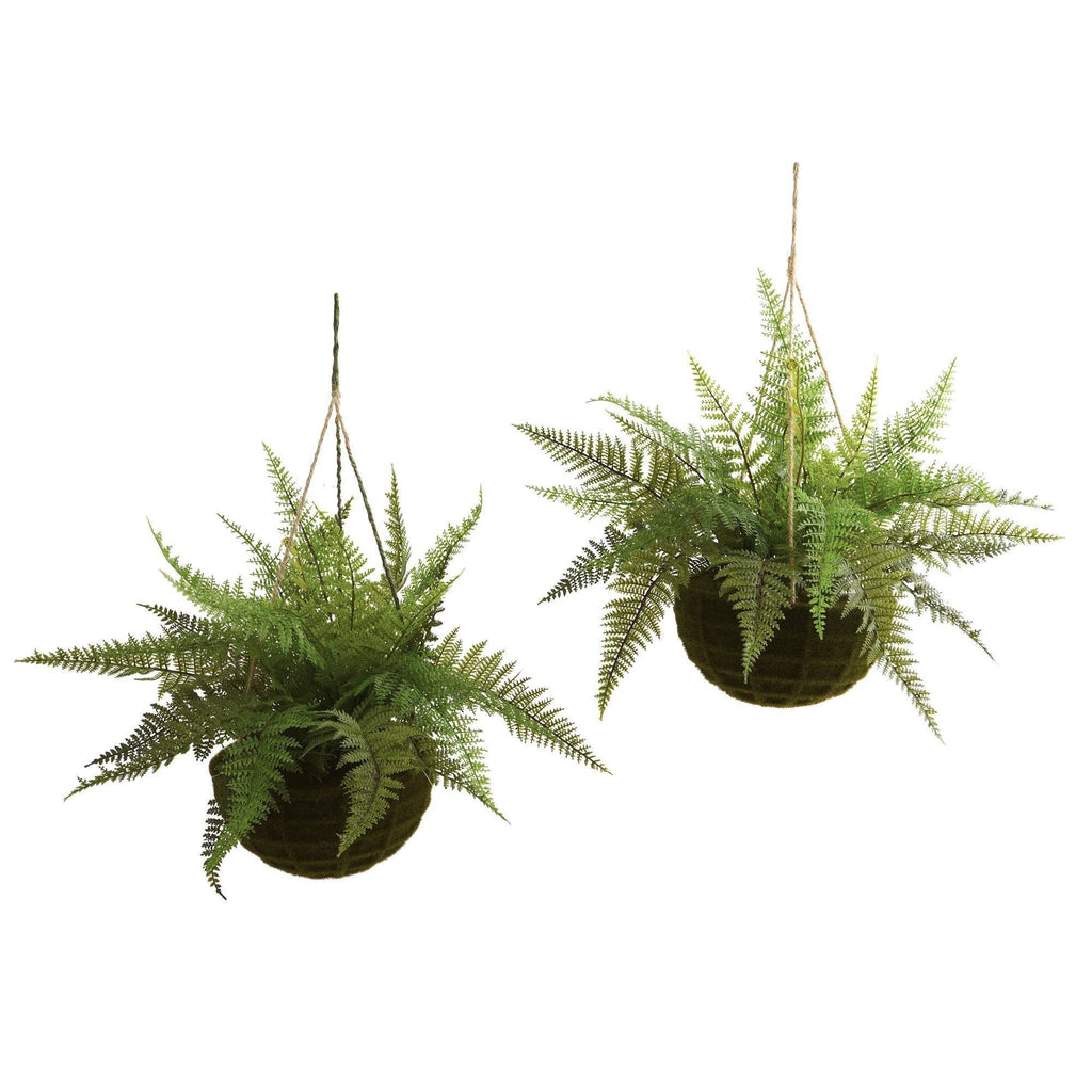 13" Leather Artificial Fern Hanging Basket w/ Moss - Set of 2 + (Indoor/Outdoor)