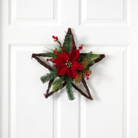 16” Holiday Christmas Poinsettia Star Twig Artificial Wreath