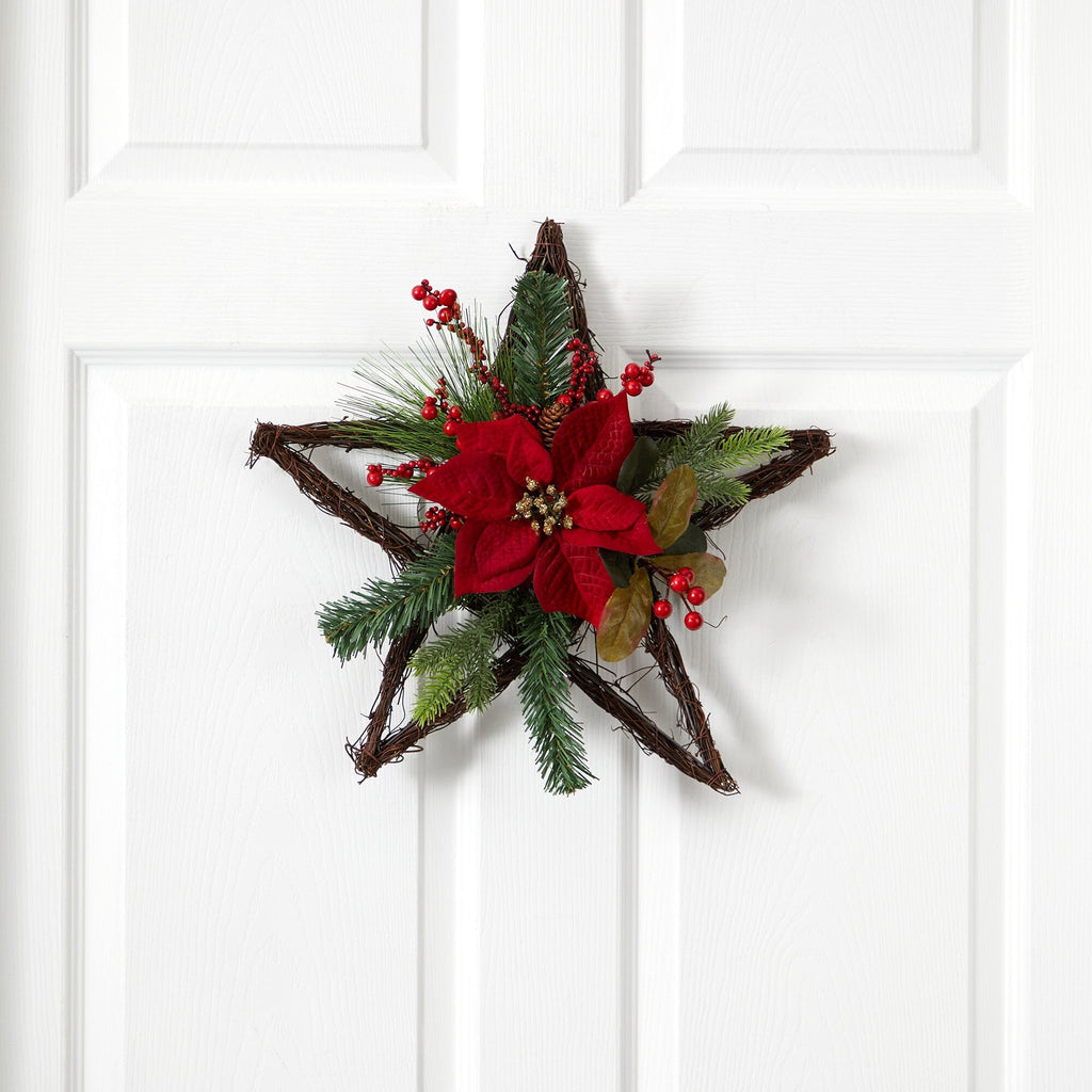 16” Holiday Christmas Poinsettia Star Twig Artificial Wreath
