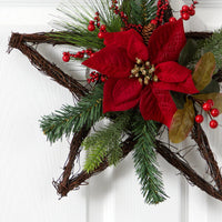16” Holiday Christmas Poinsettia Star Twig Artificial Wreath