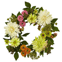 22” Dahlia & Mum Artificial Wreath - Spring Vibe