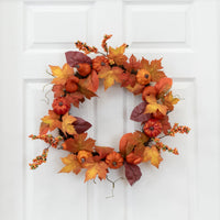 24” Autumn Maple Leaves, Pumpkin, Pinecone and Berries Artificial Fall Wreath