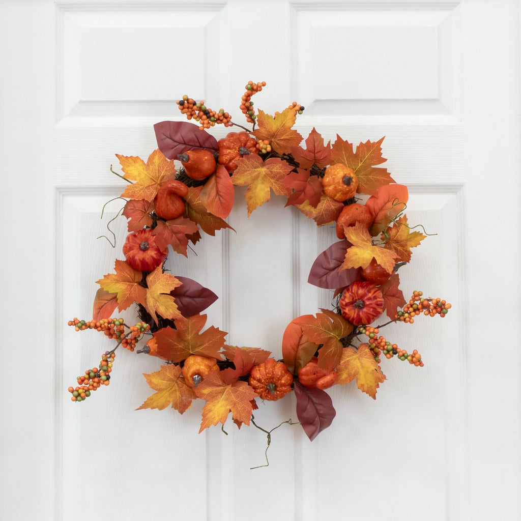 24” Autumn Maple Leaves, Pumpkin, Pinecone and Berries Artificial Fall Wreath