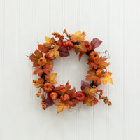 24” Autumn Maple Leaves, Pumpkin, Pinecone and Berries Artificial Fall Wreath
