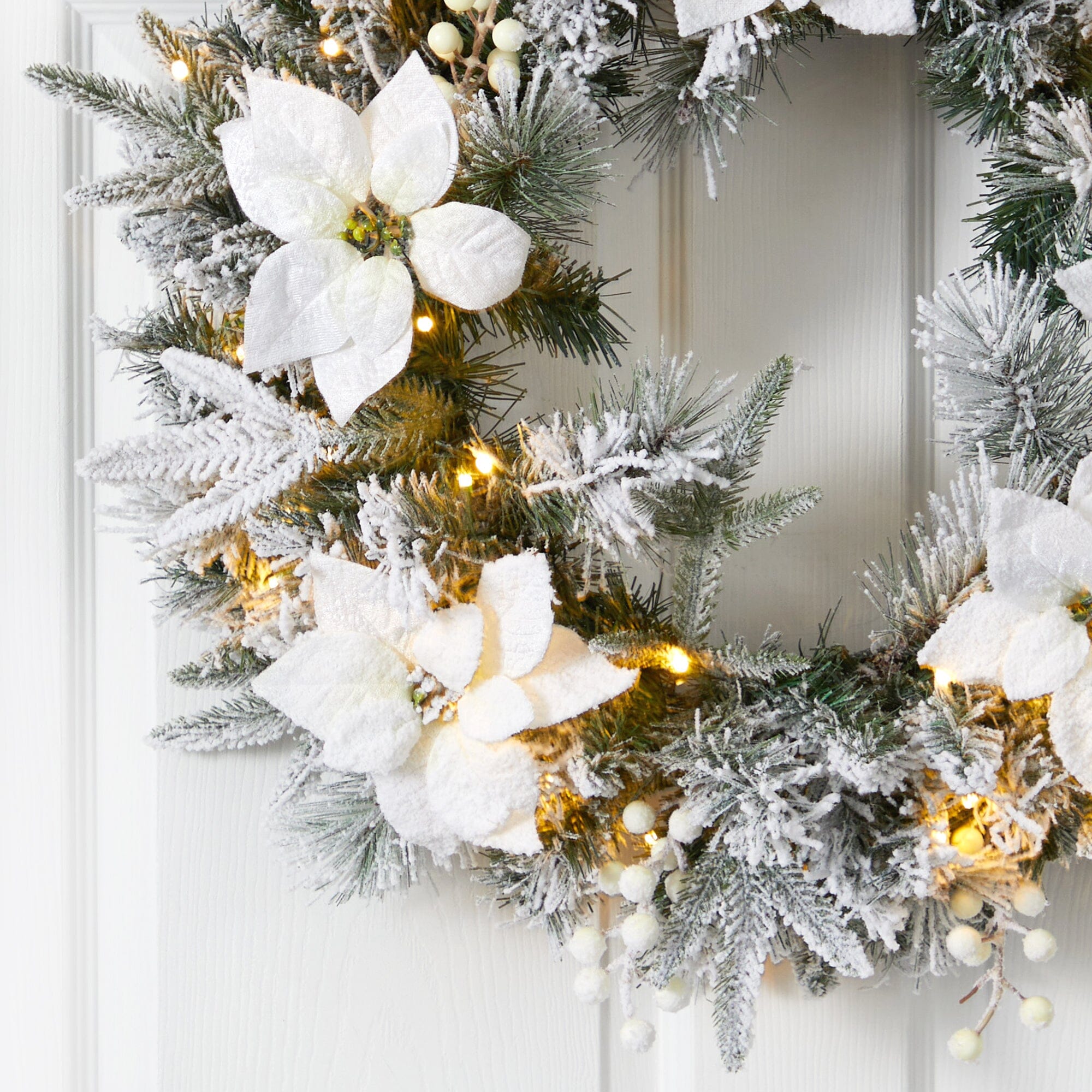 24” Flocked Poinsettia and Pine Artificial Christmas Wreath with 50 Wa ...