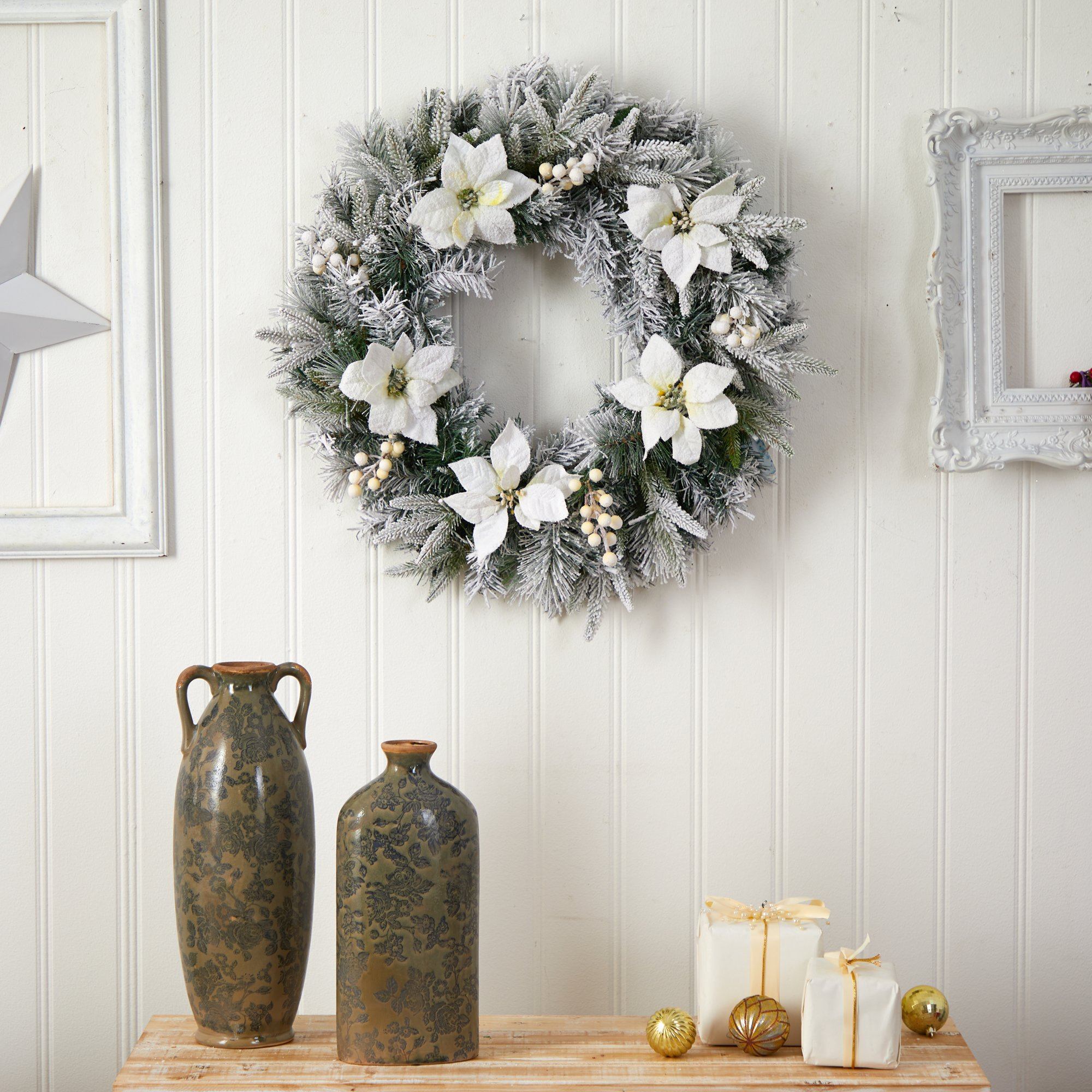24” Flocked Poinsettia and Pine Artificial Christmas Wreath with 50 Wa ...