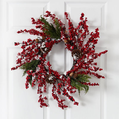 24” Frosted Cypress Artificial Wreath with Berries and Pine Cones
