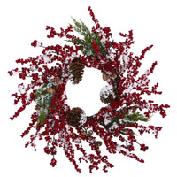 24” Frosted Cypress Artificial Wreath with Berries and Pine Cones