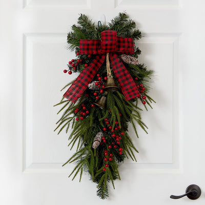 24” Holiday Christmas Pine Cones, Berry and Bells Artificial Wreath