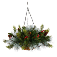 24" Holiday Pre-Lit (30 LED Lights) Artificial Pine and Berries Hanging Basket"