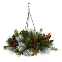 24" Holiday Pre-Lit (30 LED Lights) Artificial Pine and Berries Hanging Basket"
