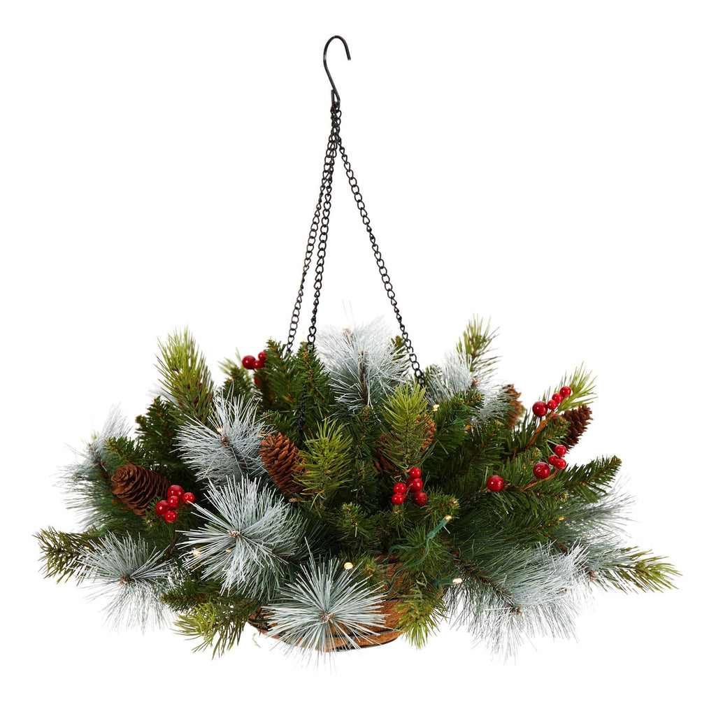 24" Holiday Pre-Lit (30 LED Lights) Artificial Pine and Berries Hanging Basket"