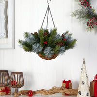 24" Holiday Pre-Lit (30 LED Lights) Artificial Pine and Berries Hanging Basket"