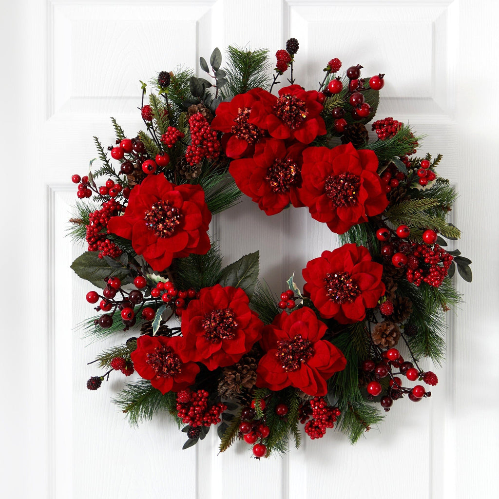 24" Poinsettia Artificial Wreath
