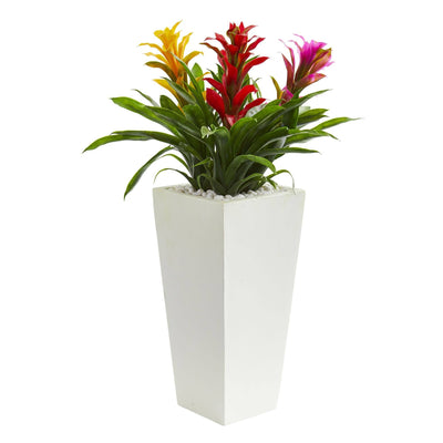 26” Triple Artificial Bromeliad Plant in White Tower Planter