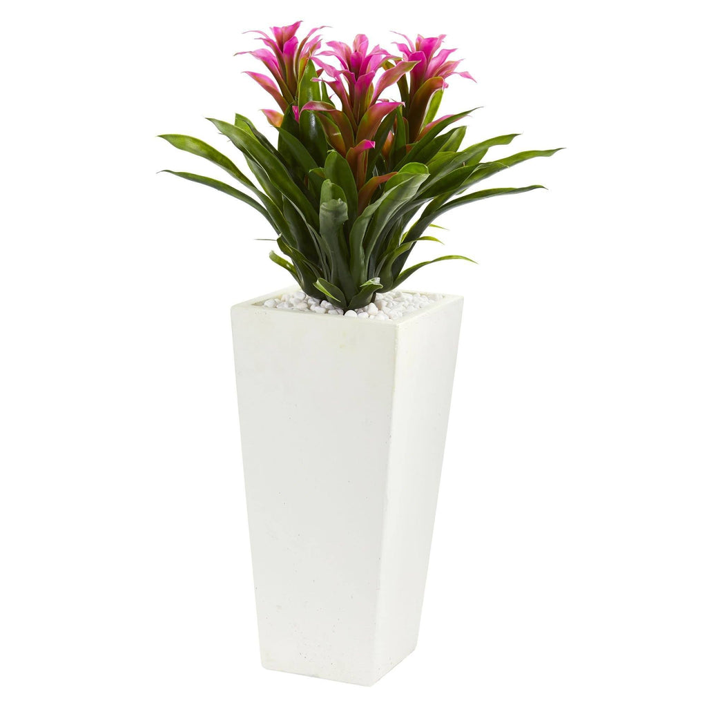 26” Triple Artificial Bromeliad Plant in White Tower Planter