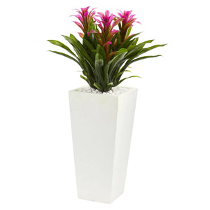 26” Triple Artificial Bromeliad Plant in White Tower Planter