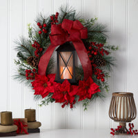 28” Poinsettia and Berry Holiday Lantern Artificial Christmas Wreath with LED Candle