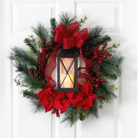 28” Poinsettia and Berry Holiday Lantern Artificial Christmas Wreath with LED Candle