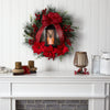 28” Poinsettia and Berry Holiday Lantern Artificial Christmas Wreath with LED Candle