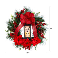 28” Poinsettia and Berry Holiday Lantern Artificial Christmas Wreath with LED Candle