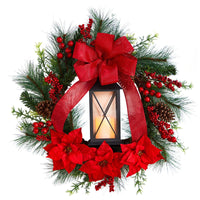 28” Poinsettia and Berry Holiday Lantern Artificial Christmas Wreath with LED Candle