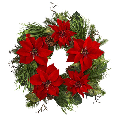 28” Poinsettia and Pine Artificial Wreath