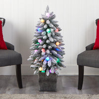 3’ Flocked Highland Fir Artificial Christmas Tree, 127 Branches & 20 LED Globe Lights in Decorative Planter
