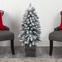 3’ Flocked Highland Fir Artificial Christmas Tree, 127 Branches & 20 LED Globe Lights in Decorative Planter