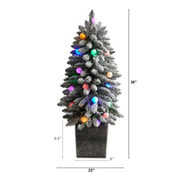 3’ Flocked Highland Fir Artificial Christmas Tree, 127 Branches & 20 LED Globe Lights in Decorative Planter