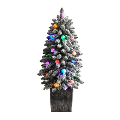 3’ Flocked Highland Fir Artificial Christmas Tree, 127 Branches & 20 LED Globe Lights in Decorative Planter