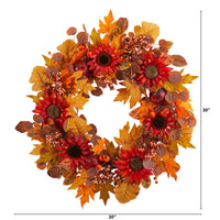 30” Fall Acorn, Sunflower, Berries and Autumn Foliage Artificial Wreath
