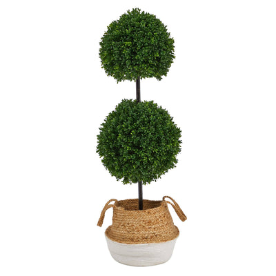 3.5’ Artificial Boxwood Double Ball Topiary Tree in Boho Chic Handmade Planter UV Resistant