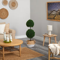 3.5’ Artificial Boxwood Double Ball Topiary Tree in Boho Chic Handmade Planter UV Resistant