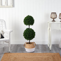 3.5’ Artificial Boxwood Double Ball Topiary Tree in Boho Chic Handmade Planter UV Resistant