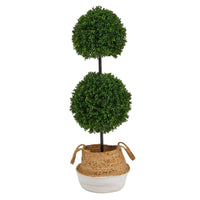 3.5’ Artificial Boxwood Double Ball Topiary Tree in Boho Chic Handmade Planter UV Resistant