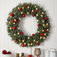 4' Artificial Oversized Pre-Lit Frosted Holiday Christmas Wreath with Ornaments & 40 LED Globe Lights