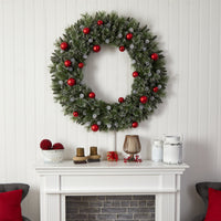 4' Artificial Oversized Pre-Lit Frosted Holiday Christmas Wreath with Ornaments & 40 LED Globe Lights