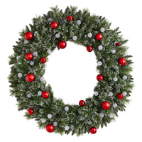 4' Artificial Oversized Pre-Lit Frosted Holiday Christmas Wreath with Ornaments & 40 LED Globe Lights