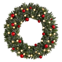4' Artificial Oversized Pre-Lit Frosted Holiday Christmas Wreath with Ornaments & 40 LED Globe Lights